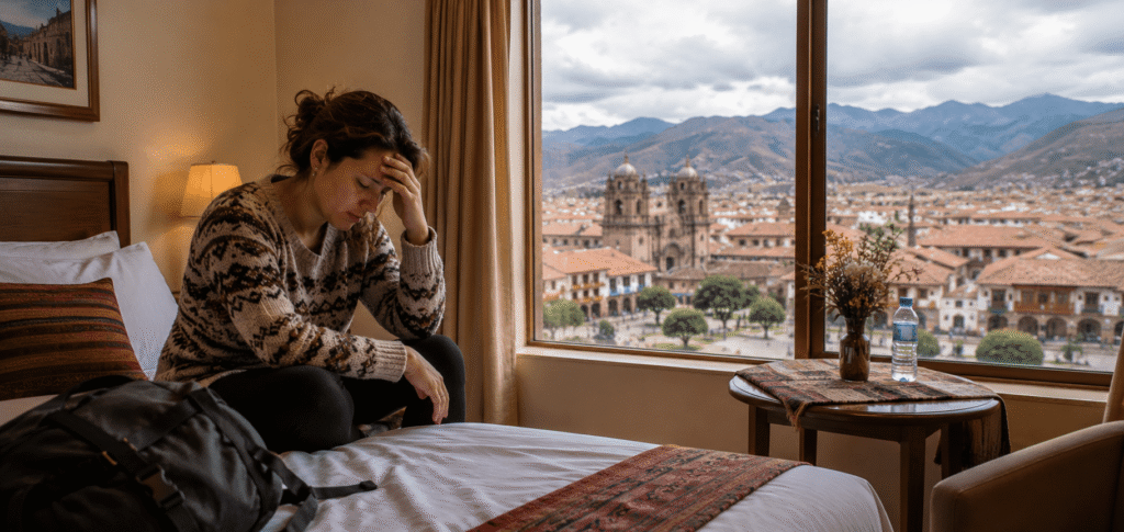 Traveler resting in Cusco hotel room — headache and nausea from high altitude exposure