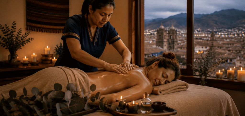 Relaxing massage with Eucalyptus oil at Body Spa Cusco — supports breathing and circulation at high altitude