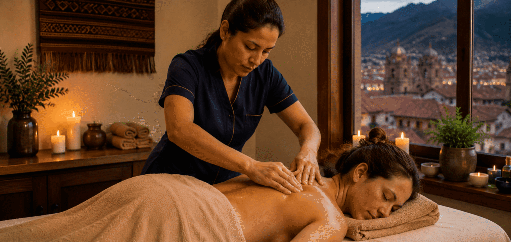 Therapeutic massage in Cusco relieving altitude sickness symptoms — neck and shoulder tension release at Body Spa