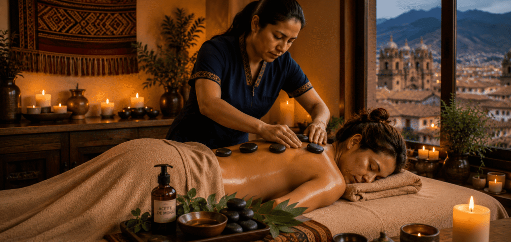 Inca Healing Ritual massage in Cusco for altitude sickness recovery — hot stones and Muña oil at Body Spa