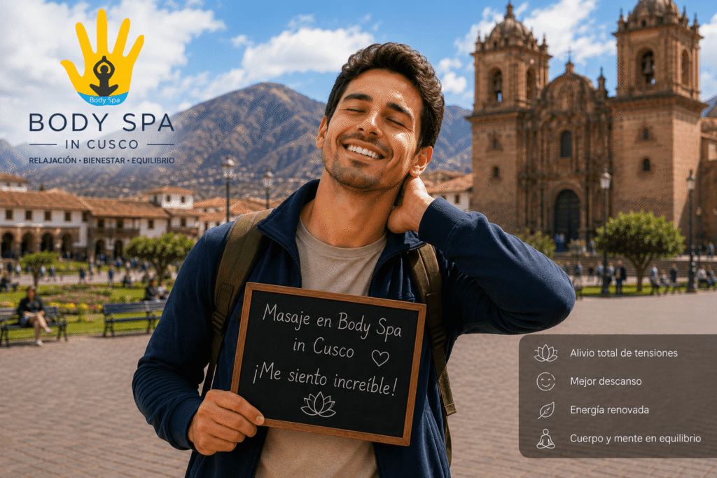 Traveler fully recovered in Cusco Plaza de Armas — feeling energized after massage therapy at Body Spa