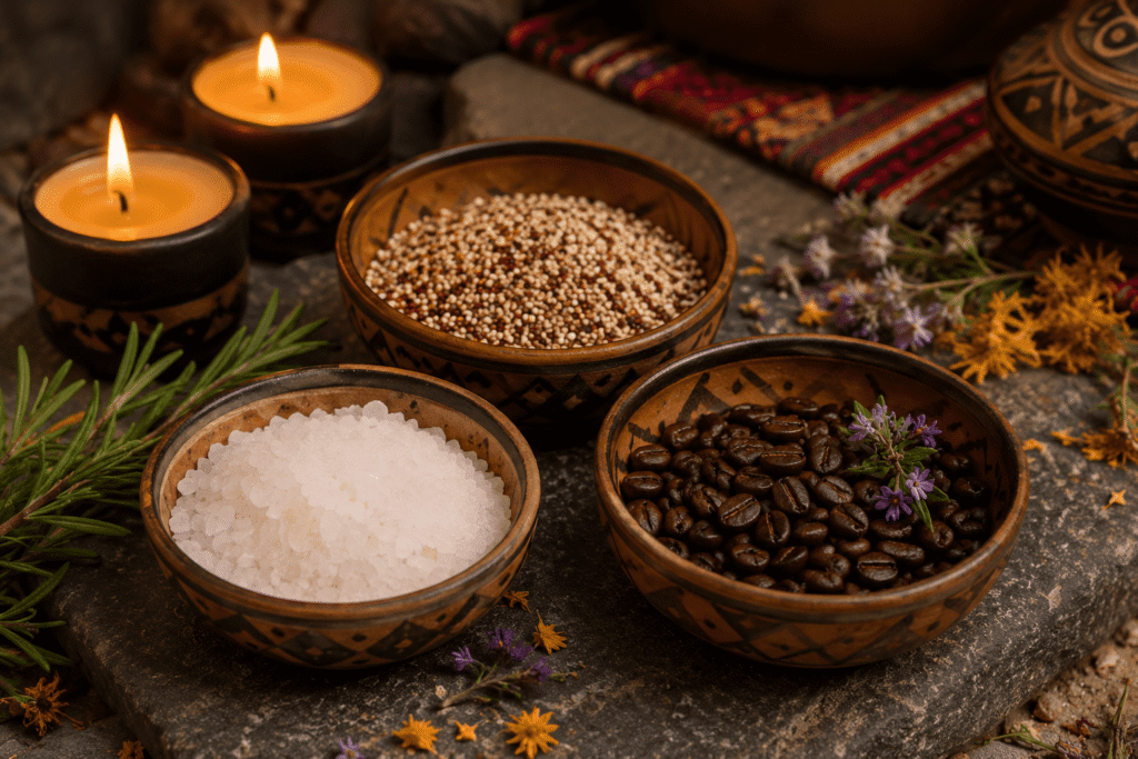 "Ceramic bowls with Maras Salt, Quinoa and Organic Coffee for Andean body treatments"