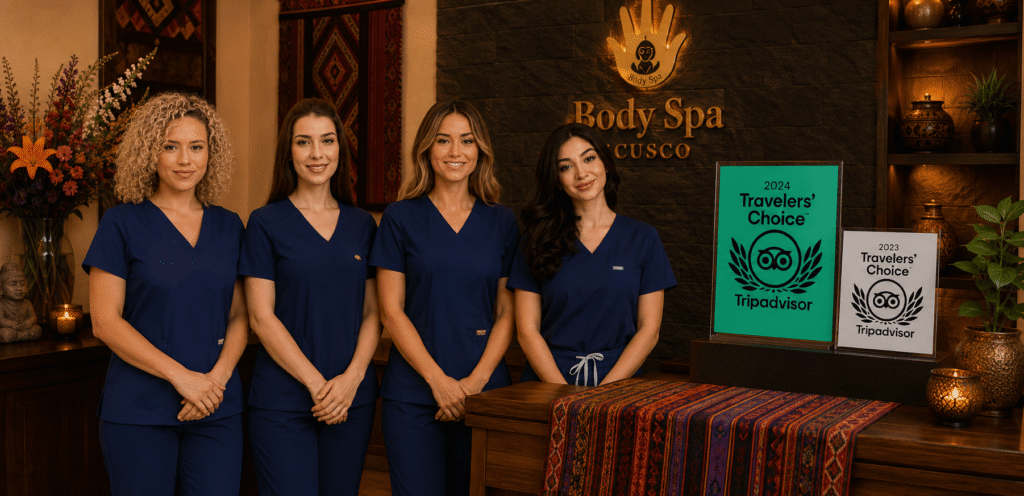 "Professional therapist team at Body Spa reception with TripAdvisor Travelers Choice awards"