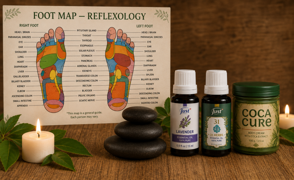 Wooden foot reflexology map next to lavender essential oils, Coca Cure body cream, and a burning candle on a wooden table.
