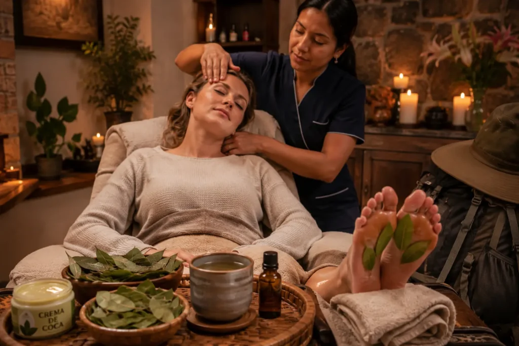 Altitude sickness massage therapy with coca leaf in Cusco