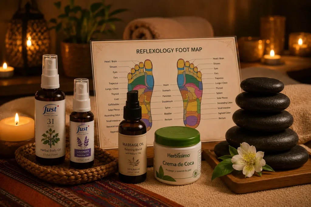 Professional-collage-featuring-coca-cream-hot-stones-and-Just-essential-oils-including-Lavender-Olio-31-and-Lemon-Verbena-used-in-therapeutic-massage-treatments-at-Body-Spa-in-Cusco