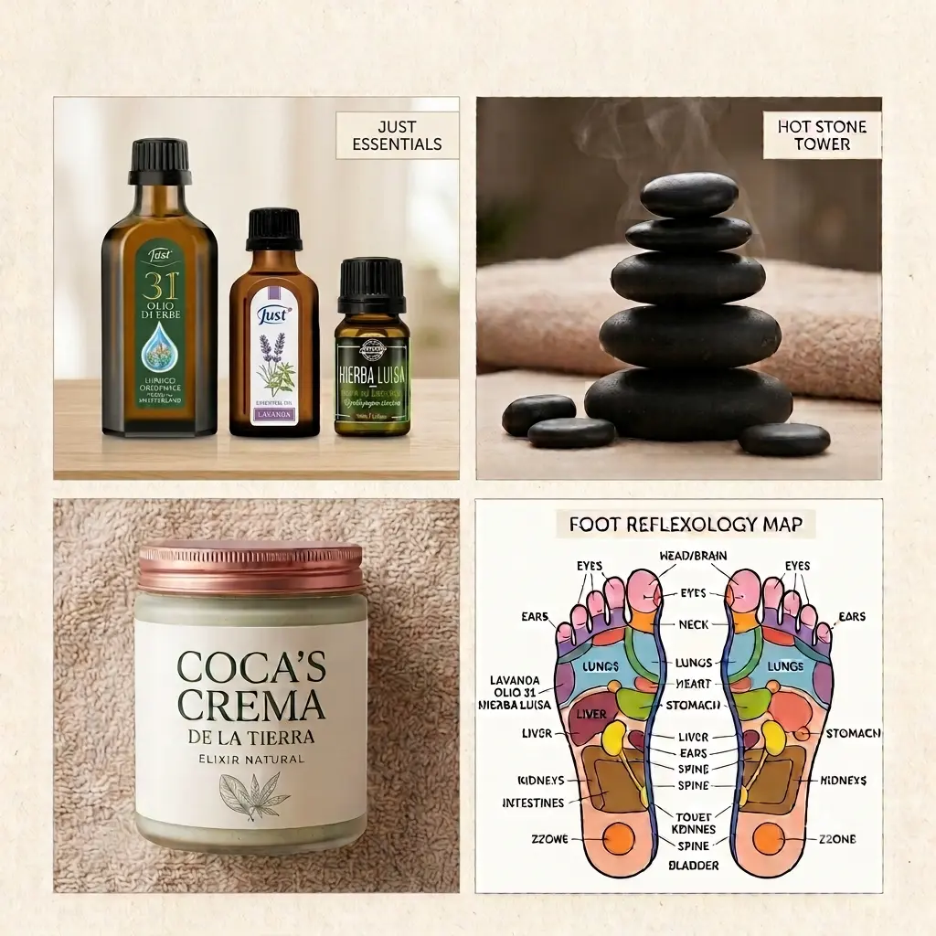 Professional collage featuring coca cream, hot stones, and Just essential oils including Lavender, Olio 31, and Lemon Verbena used in therapeutic massage treatments at Body Spa in Cusco.