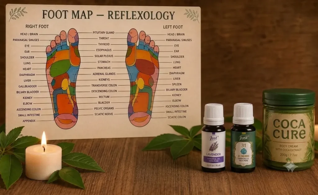 Wooden foot reflexology map next to lavender essential oils, Coca Cure body cream, and a burning candle on a wooden table.