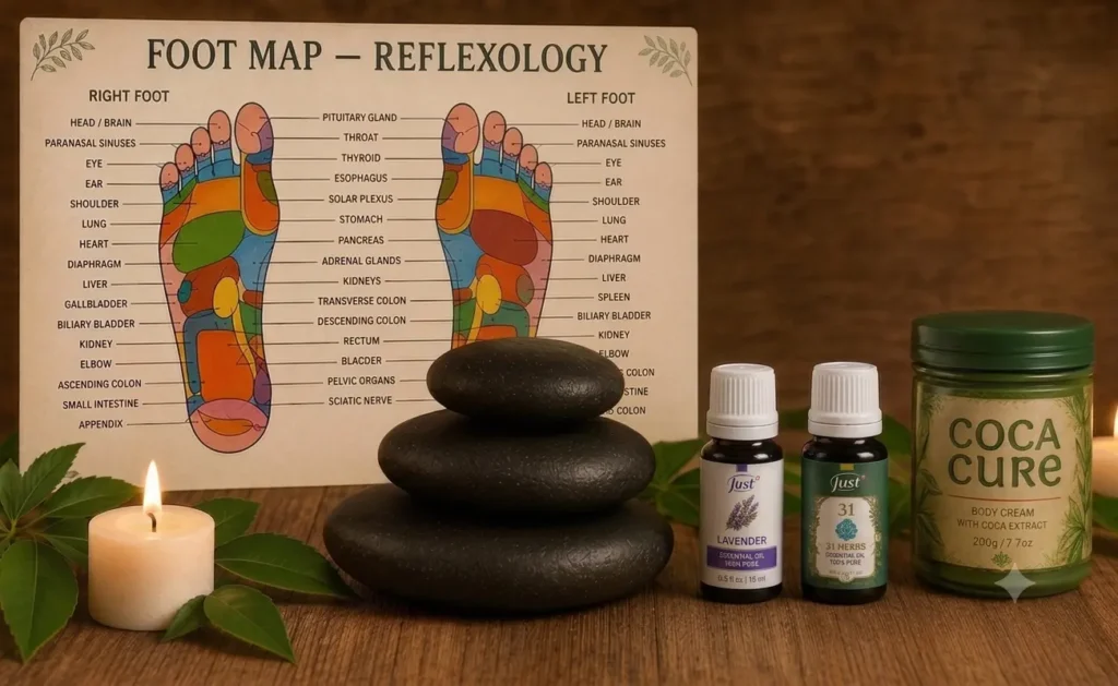 Professional collage featuring coca cream, hot stones, and Just essential oils including Lavender, Olio 31, and Lemon Verbena used in therapeutic massage treatments at Body Spa in Cusco.