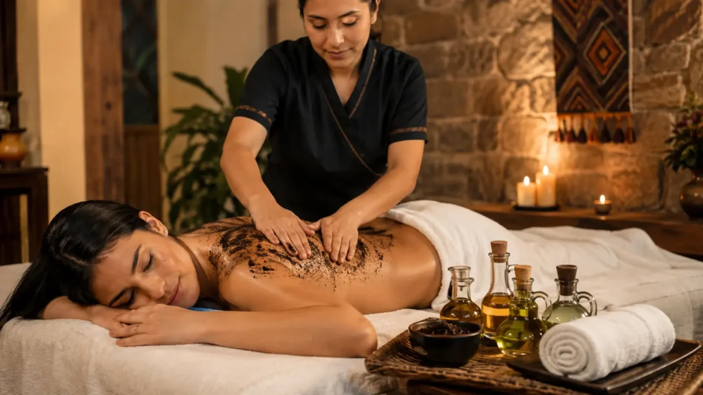 woman enjoying coffee exfoliation Cusco skin treatment