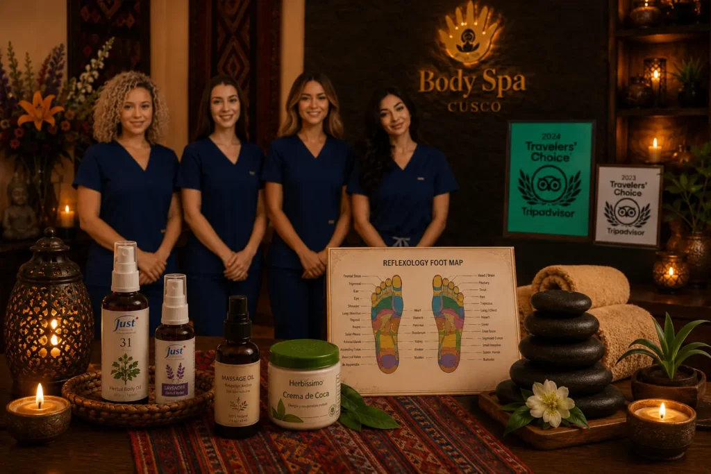 Body Spa Cusco massage therapist team with natural massage products