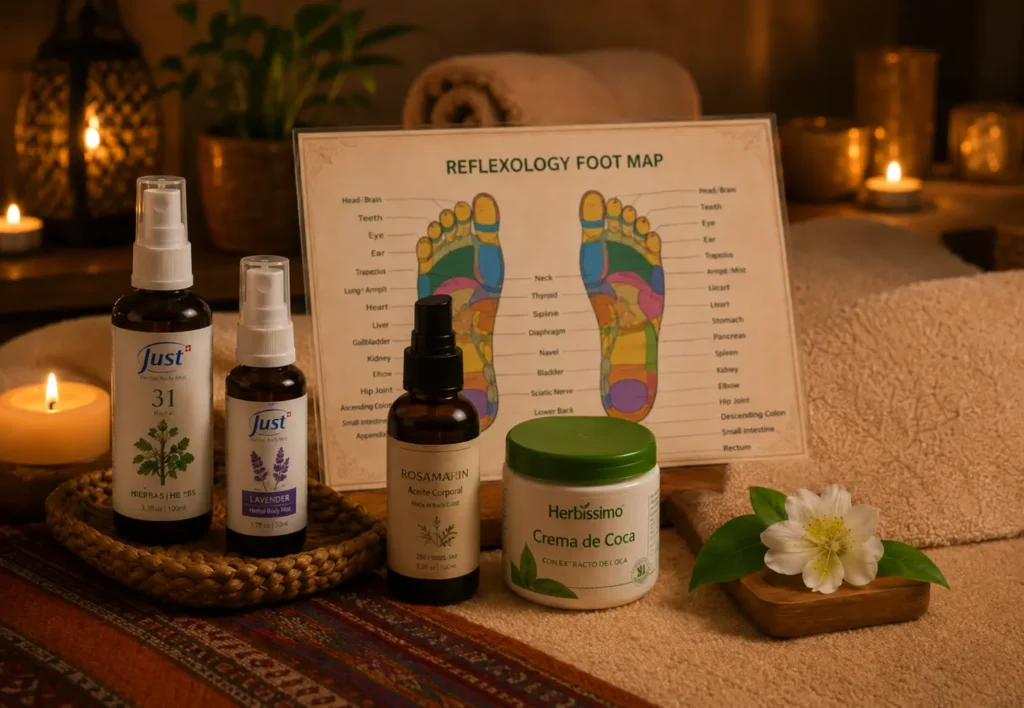 Reflexology foot treatment with herbal oils and coca cream at a spa in Cusco