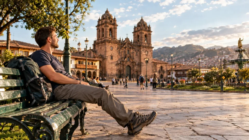 Trekker with sore legs after the Inca Trail resting in Cusco